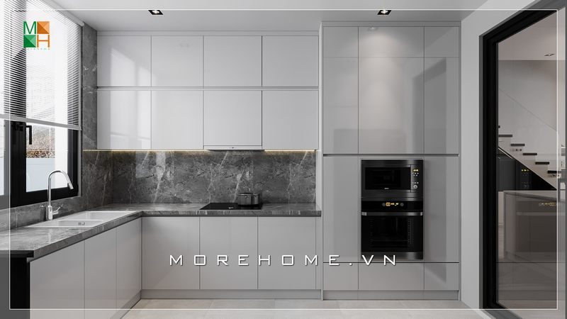 Mẫu tủ bếp trắng gỗ Acrylic có thiết kế hiện đại và tiện nghi.